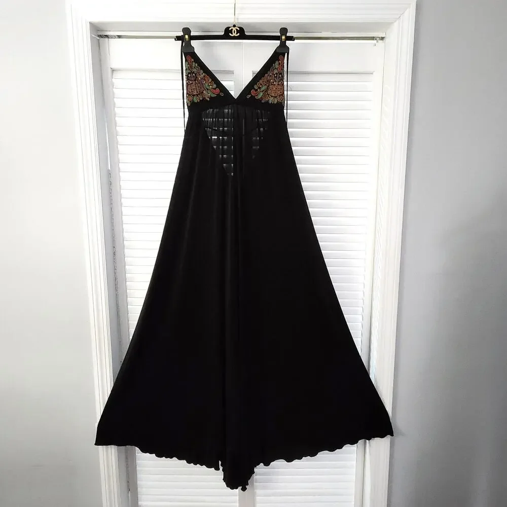 Alexis Floral Embroidered Maxi Dress Black Tiered Boho Formal Size L